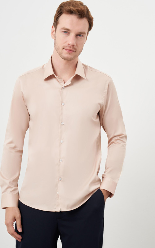 Erkek Bej Pamuk Düz Desen Sert Yaka Slim Fit Gömlek