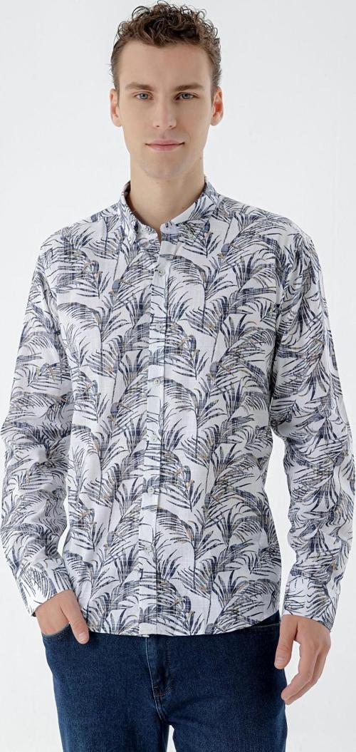  Erkek Lacivert Pamuk Baskılı Desen Slim Fit Gömlek