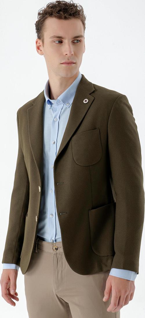 Erkek Haki Dokuma Slim Fit Torba Cep Mono Yaka Spor Ceket