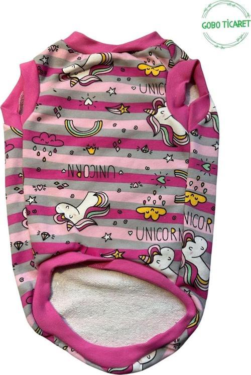 Unicorn Desenli Çizgili Pembe Kedi Köpek Kıyafeti Elbisesi Pembe Kollu