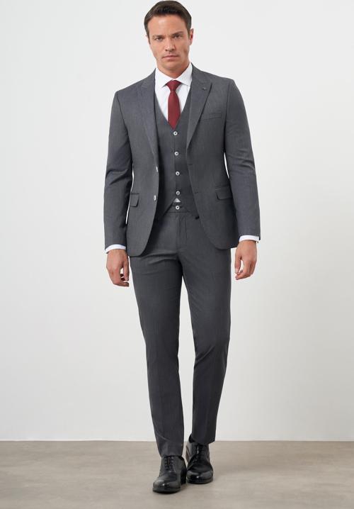  Erkek Füme Poliviskon Trend Yelekli Çizgili Desen Slim Fit  Sivri Yaka Takım Elbise