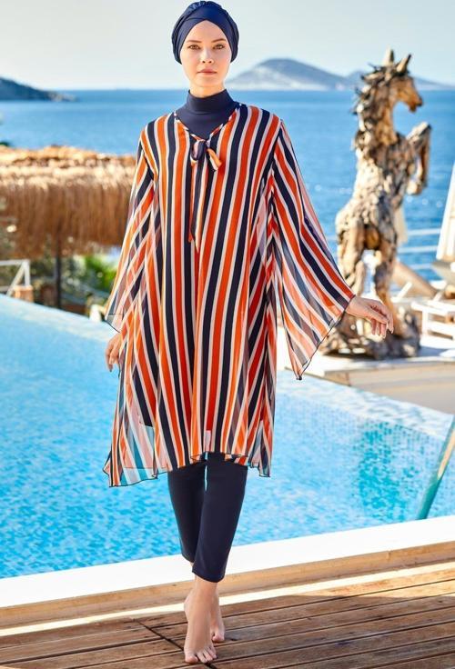 Tesettür Mayo Üzerine Desenli Kaftan Pareo 6056 Turuncu