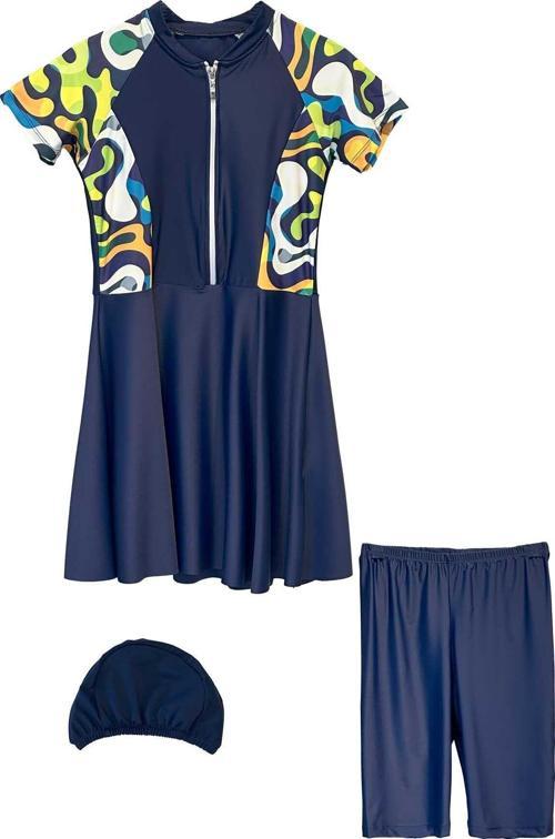 Uv Korumalı Etekli Taytlı Kısa Kol Kız Çocuk Mayo Mira 1511 Lacivert01 Neon