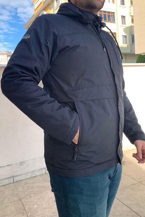 Erkek Lacivert İçi Polar Kaplama 3 Cepli Mont Rüzgarlık Yağmurluk