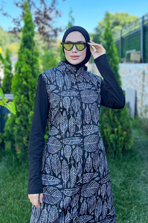 Tam Kapalı Tesettür Mayo Siyah Beyaz Yaprak Merve