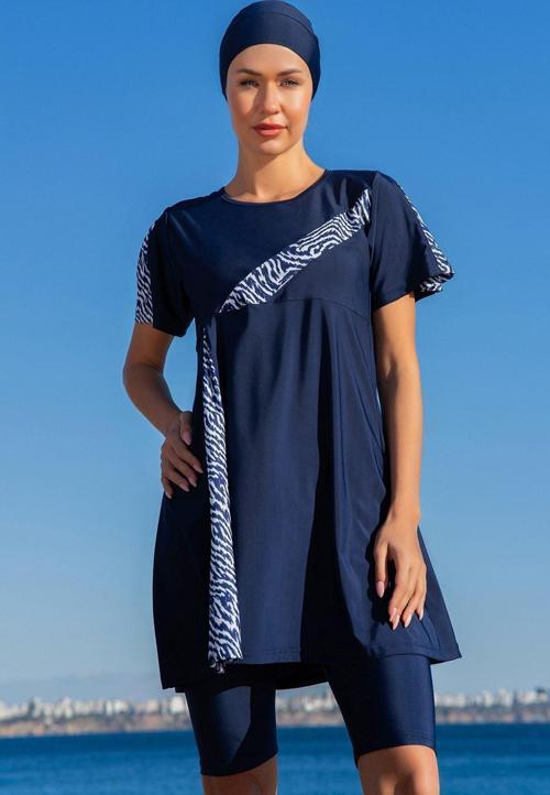 Likralı Kısa Kollu Yarı Kapalı Mayo 25222-2 Lacivert