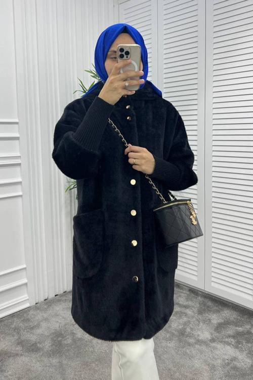 Kapüşonlu Düğme Detaylı Kürk Ceket 10388 Siyah