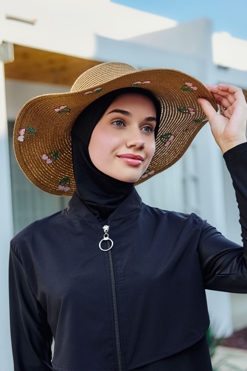 Kiraz Nakışlı Hasır Şapka Plaj Şapkası 2115 Camel