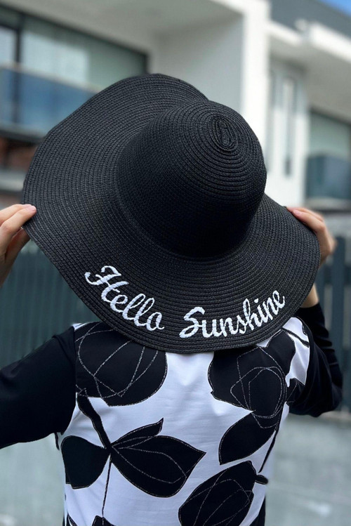 Hello Sunshine Yazılı Hasır Şapka Siyah Rş-24