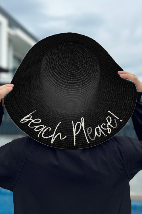 Beach Please Yazılı Hasır Şapka Siyah Rş-63