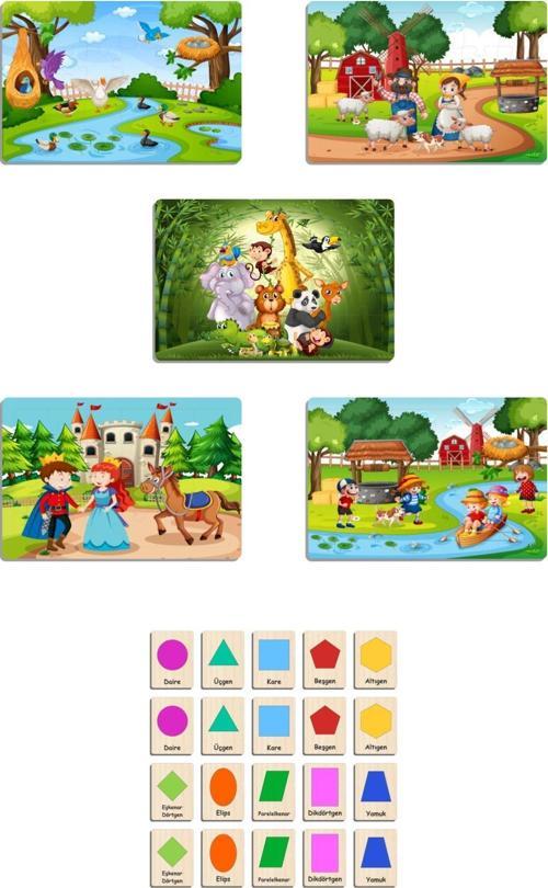 Ahşap Çocuk Yapboz Puzzle Seti 5’li + Eşleştirme Oyunu Hafıza Kartları (geometrik Şekiller)m2