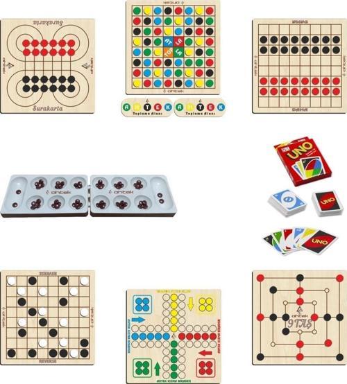 Ahşap Oyun Seti 8li Surakarta + Mangala + 9 Taş + Dama + Atla Topla + Kızma Birader + Reversi + Uno