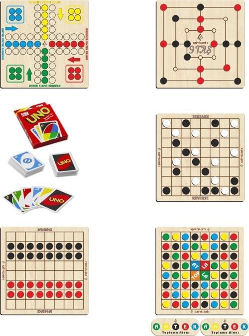 Ahşap Zeka Oyun Seti 6 Lı, 9 Taş + Dama + Atla Topla + Kızma Birader + Reversi Ve Uno Oyun Kartları