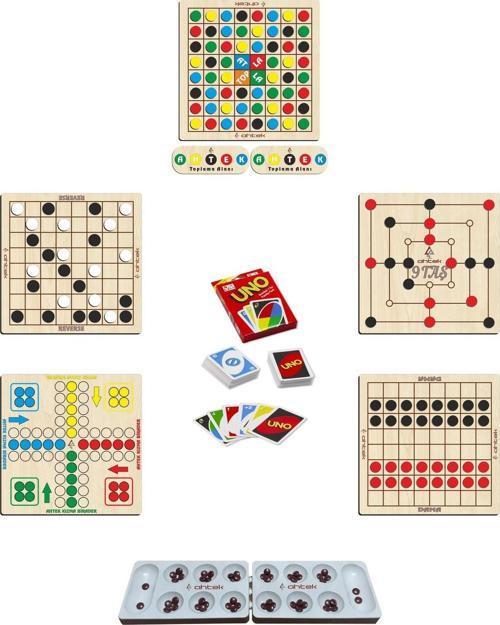 Ahşap Zeka Oyun Seti 7li Mangala + 9 Taş + Dama + Atla Topla + Kızma Birader + Reversi + Uno Kartlar