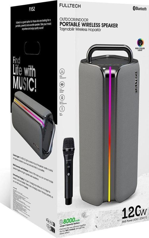Fxs2 Taşınabilir Kablosuz Bluetooth Hoparlör Gri | 120W Güç, Rgb Işık, Ipx4 Su Geçirmez, Tws, 8000MAH