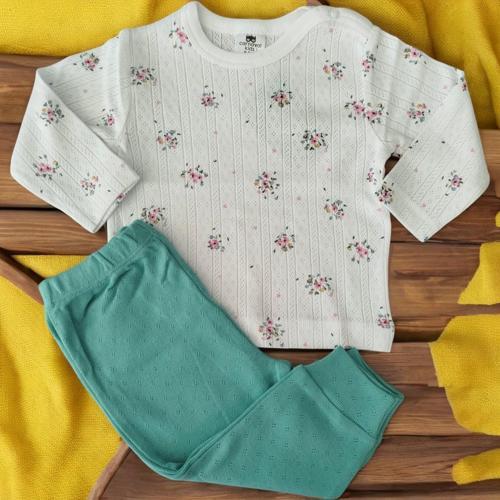 ÇİÇEKLİ BEBE PENYE İKİLİ TAKIM Mint Yeşili