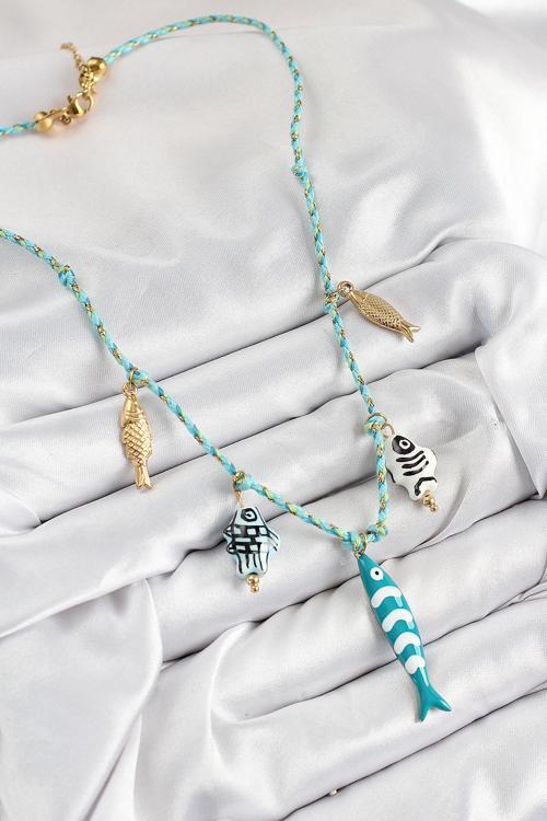 Zarif Kadın için Mavi İpli Seramik Motif Balık Stil Kolye