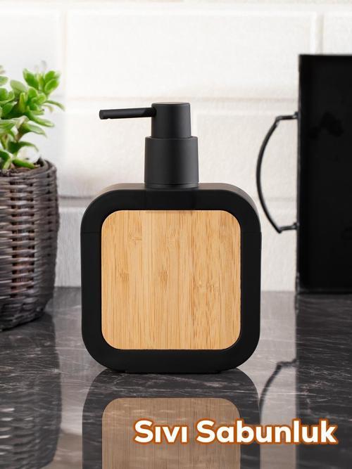 3147 Banyo ve Mutfak Sıvı Sabunluk 400ML Siyah-Ahşap