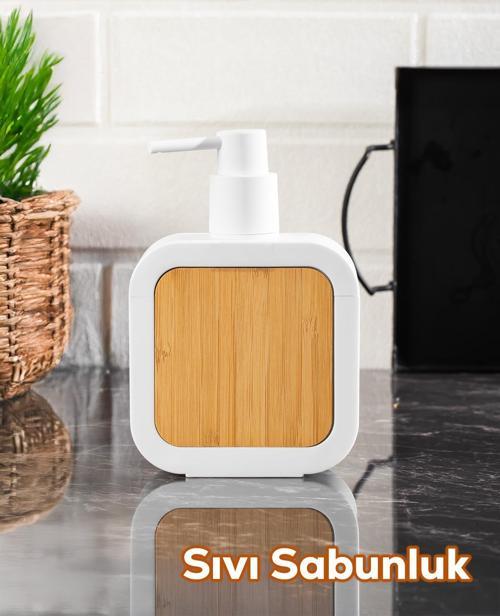 3148 Banyo ve Mutfak Sıvı Sabunluk 400ML Beyaz-Ahşap