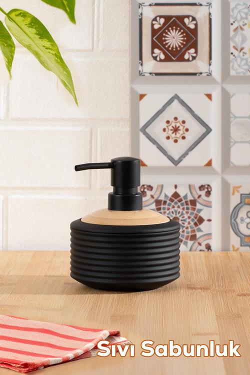 3152 Banyo ve Mutfak Sıvı Sabunluk 350ML Siyah-Ahşap