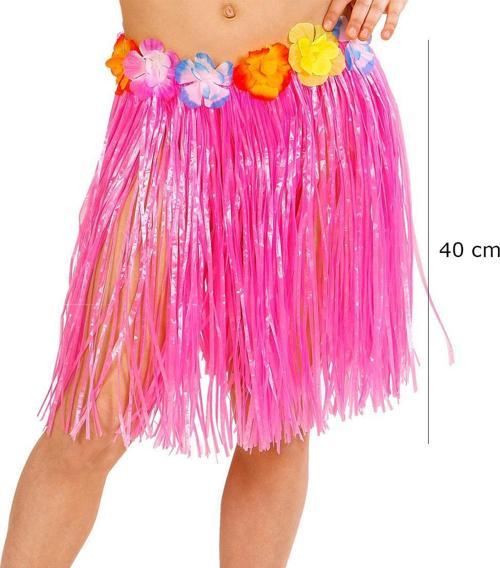 Yetişkin ve Çocuk Uyumlu Pembe Renk Püsküllü Hawaii Luau Hula Etek 40 cm
