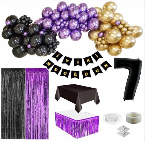 7 Yaş Siyah, Gold, Mor Balon, Siyah-Gold Doğum Günü Seti
