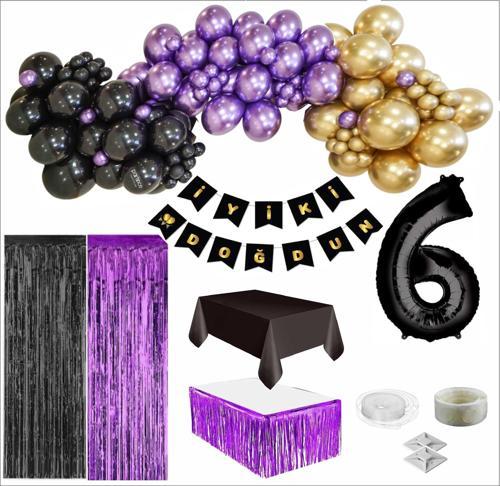 6 Yaş Siyah, Gold, Mor Balon, Siyah-Gold Doğum Günü Seti