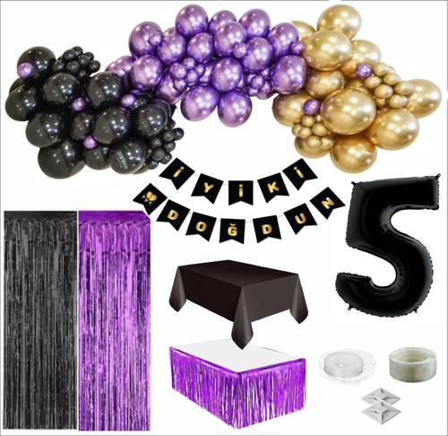 5 Yaş Siyah, Gold, Mor Balon, Siyah-Gold Doğum Günü Seti