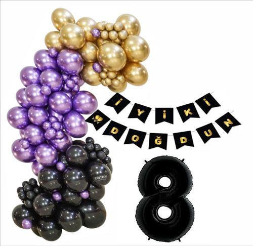 8 Yaş Siyah, Gold, Mor Balon+Banner Seti
