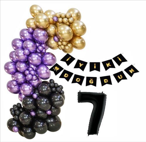 7 Yaş Siyah, Gold, Mor Balon+Banner Seti
