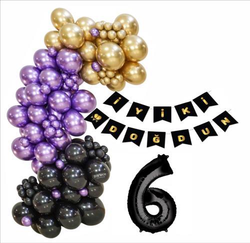 6 Yaş Siyah, Gold, Mor Balon+Banner Seti