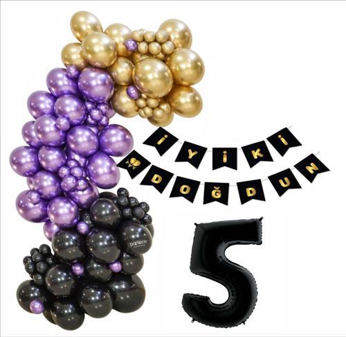 5 Yaş Siyah, Gold, Mor Balon+Banner Seti