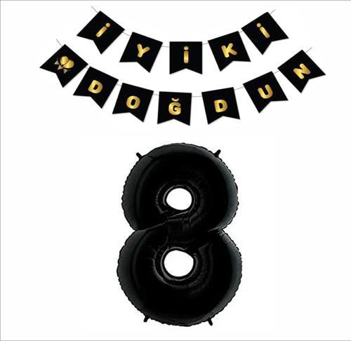 8 Yaş Siyah Folyo Balon+ Siyah Gold Banner 