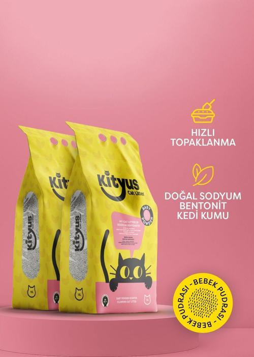 2’Li Avantaj Paketi Ince Taneli Tozsuz, Topaklanan Bebek Pudralı Bentonit Kedi Kumu 2X10Lt