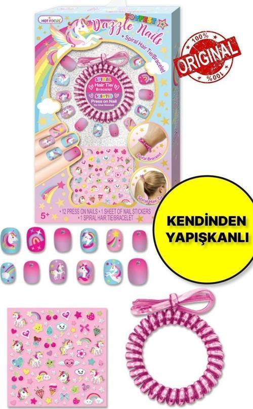 Unicorn Figürlü Stickerlı Toka & Bilezikli Kendinden Yapışkanlı Dazzle Nails Takma Tırnak Seti