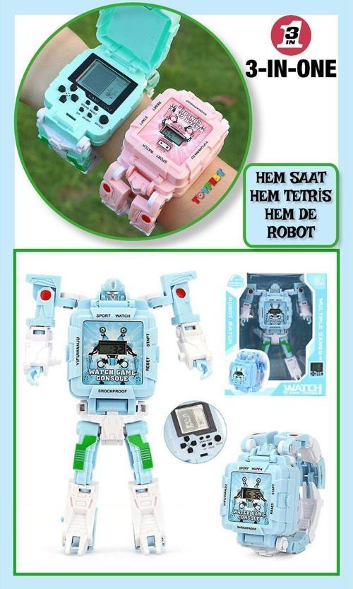 Tetris Oyunlu Transformers Robot Saat - Pastel Mavi