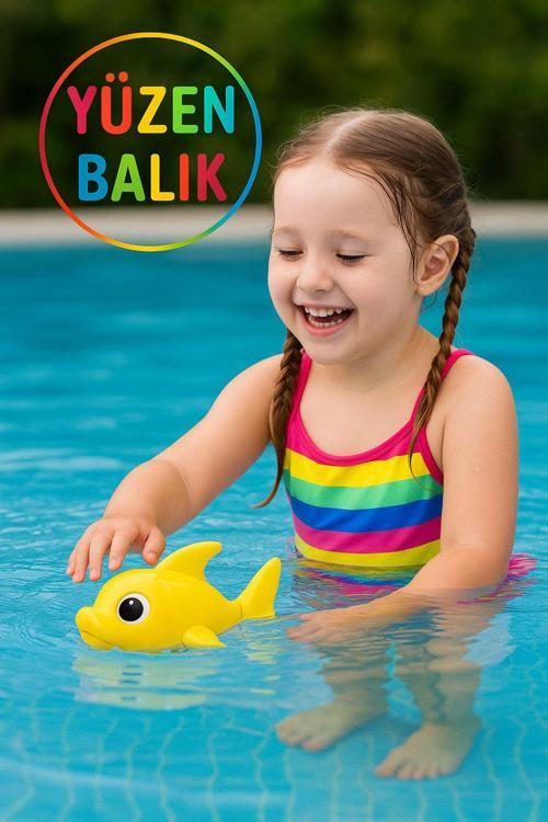 Daddy Shark - Baby Shark Şarkısı Söleyerek Havuzda - Küvette Yüzen Balık - Sarı Model - 18Cm
