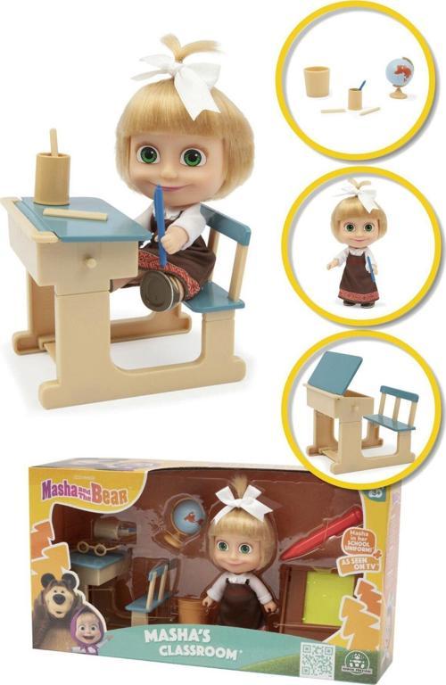 Masha & Koca Ayı 12 Cm Masha Bebek Ve Kalemli, Silinebilir Tahtası İle Okul Oyun Seti