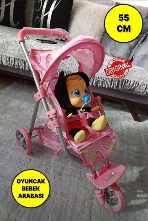 3 Tekerlekli Metal İskeletli Katlanabilir Çilek Desenli Çocuk Oyuncak Bebek Arabası Puset - 55 Cm