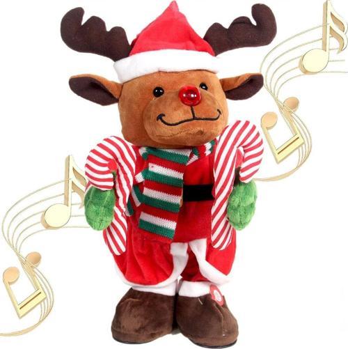 Yılbaşı Bastonlu Dans Eden Pilli Peluş Ren Geyiği - 30 Cm
