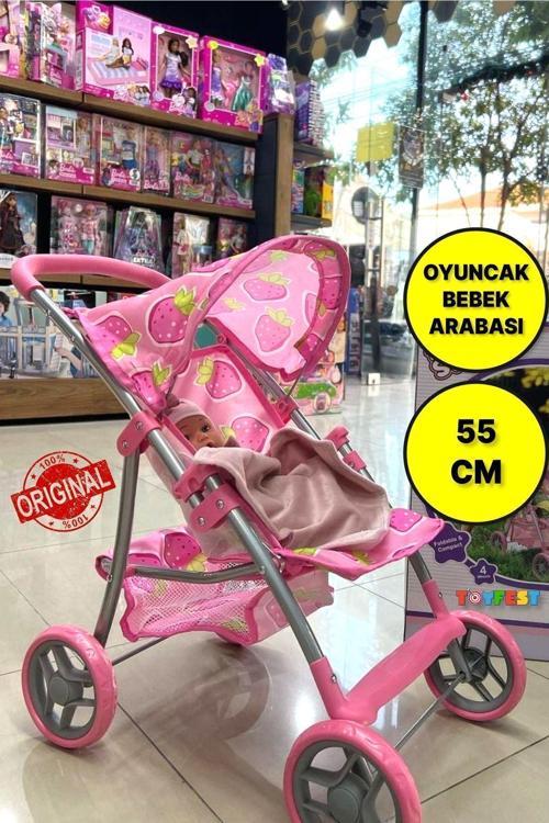 4 Tekerlekli Metal İskeletli Katlanabilir Çilek Desenli Çocuk Oyuncak Bebek Arabası Puset - 55 Cm