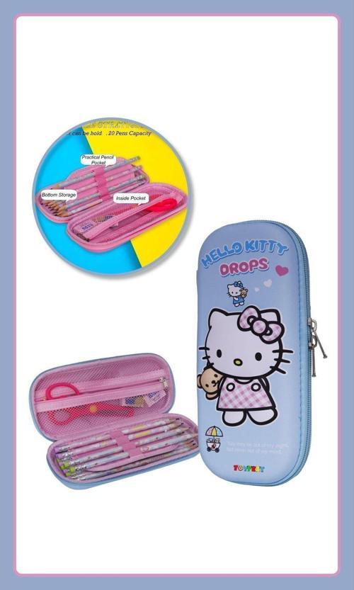 3D Kabartmalı Hello Kitty Figür Kapaklı Kalem Çantası - Kalem Kutusu - Pastel Mavi Model