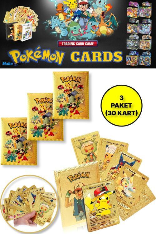 Lisanssız Pokemon Oyun Kartı Tcg Gold Booster Pack - 3 Paket (30 Kart)