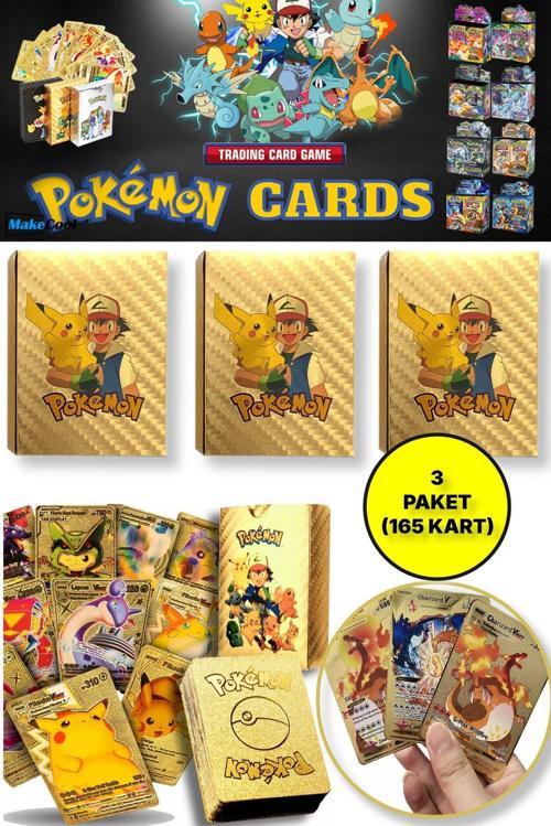 Lisanssız Pokemon Oyun Kartı Tcg Gold Starter Box Pack - 3 Paket (165 Kart)