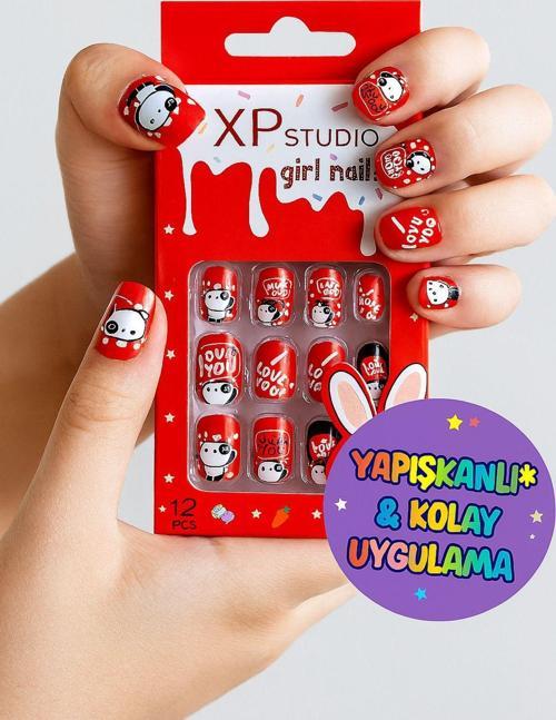 12 Li Yapışkan Stickerlı Renkli Baskılı Çocuk Takma Tırnak Oyuncak Seti - 5- 14 Yaş Arası - Model 49