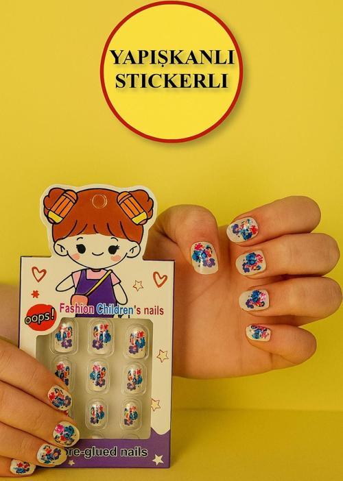 12 Li Yapışkan Stickerlı Renkli Baskılı Çocuk Takma Tırnak Oyuncak Seti - 5- 14 Yaş Arası - Model 25