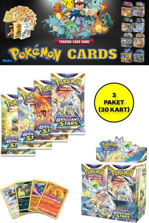 Lisanssız Pokemon Oyun Kartı Tcg Sword&Shield Brilliant Stars Booster Pack - 3 Paket (30 Kart)