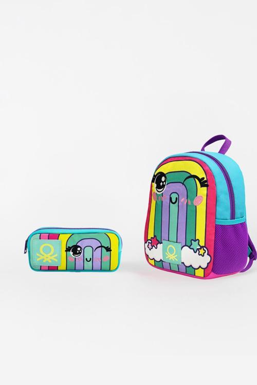 Gökkuşağı Desenli İkili Anaokul Çantası Seti(Anaokul Sırt Çantası, Çift Gözlü Kalem Kutusu)