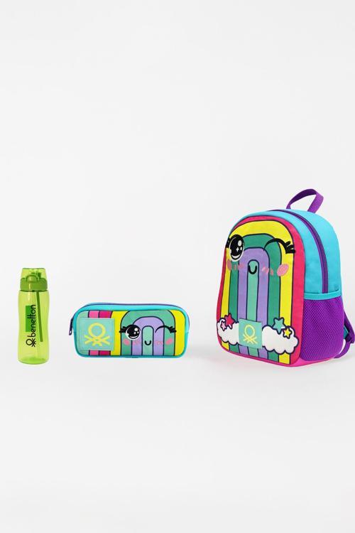 Gökkuşağı Desenli Üçlü Anaokul Çantası Seti(Anaokul Sırt Çantası, Çift Gözlü Kalem Kutusu, Matara Yeşil)