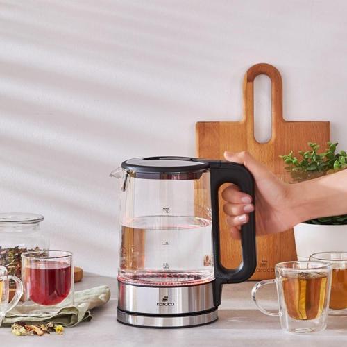 Paslanmaz Çelik Taban 5 Kademeli Sıcaklık Modu ve LED Işıklı Cam Su Isıtıcısı & Kettle 2200W